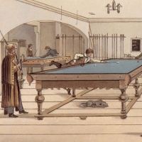 Studenten billard (illustration of a game of three ball pocket billiards in early 19th)
